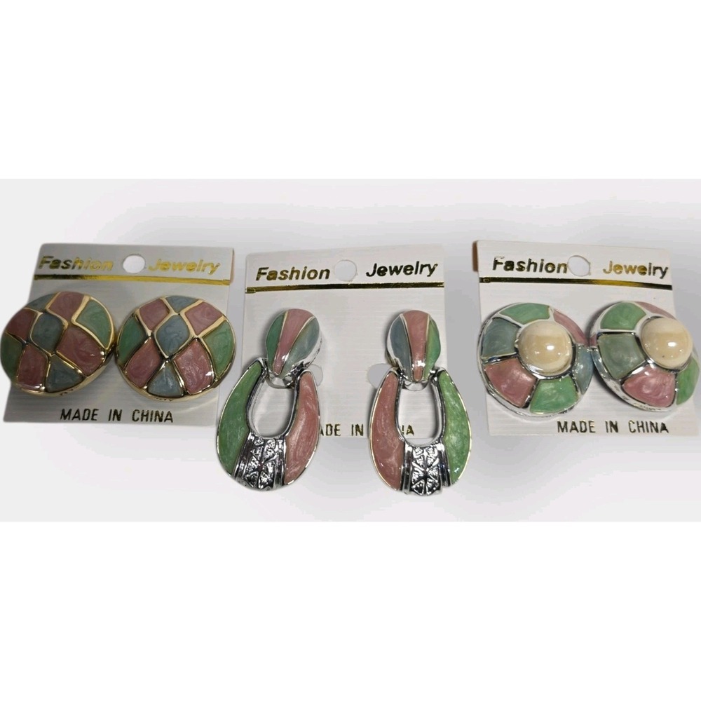 LOT OF 3 VINTAGE CLIP ON EARRINGS PEACHY PINK/BLUE GREEN ~ SILVER TONE~ NEW NOS
